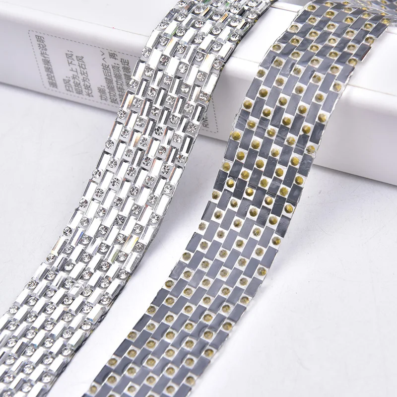 2 Yard Multiple Hot Fix Rhinestone Trim Clear Crystal Ribbon Strass Chain Tape Fabric Applique Banding For Wedding Dress Clothes