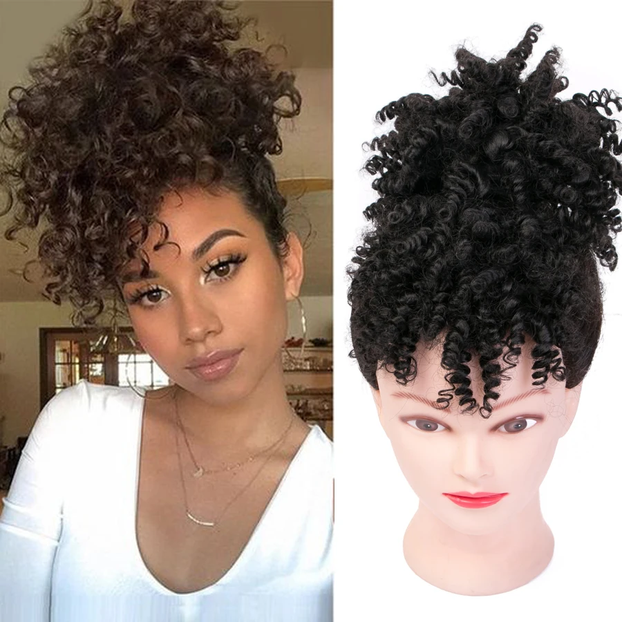 2 Pcs High Puff Afro Kinky Curly Synthetic Ponytail with Bangs Ponytail Hair Extension Drawstring Short Afro Pony Tail Clip in