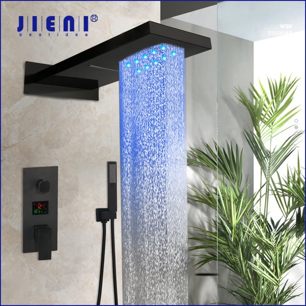 

JIENI Matte Black Shower Faucet Set Head 3-ways Digital Display Mixer Tap Bathroom Rain Shower 3-Functions Digital Shower Faucet