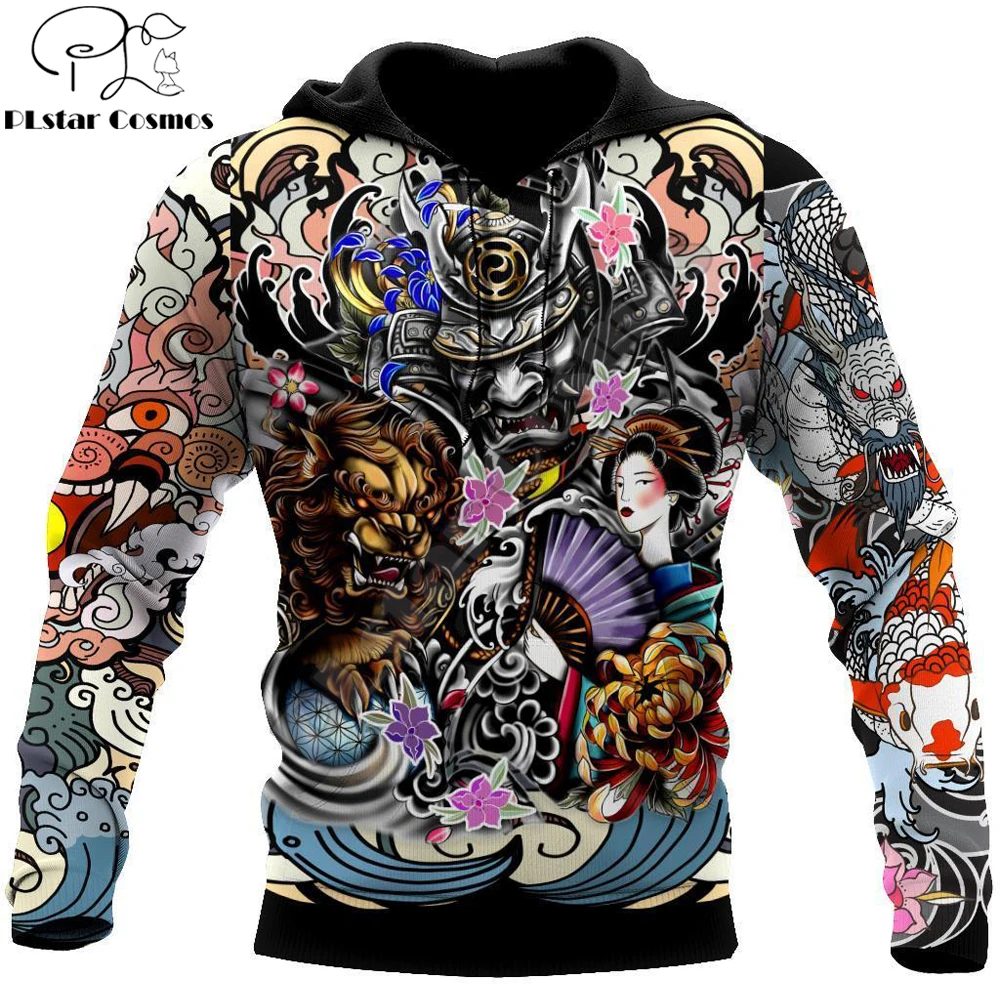 Samurai Geisha And Lion Tattoo 3D All Over Printed Men's Hoodie & Sweatshirt Autumn Unisex Zip Hoodies Casual Streetwear KJ791