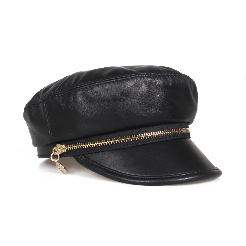 100% Leather Baseball Caps Female Korean British Winter Unisex Flat Navy Caps Women Men Golden Zipper Pearl Casual Hip Pop Hat