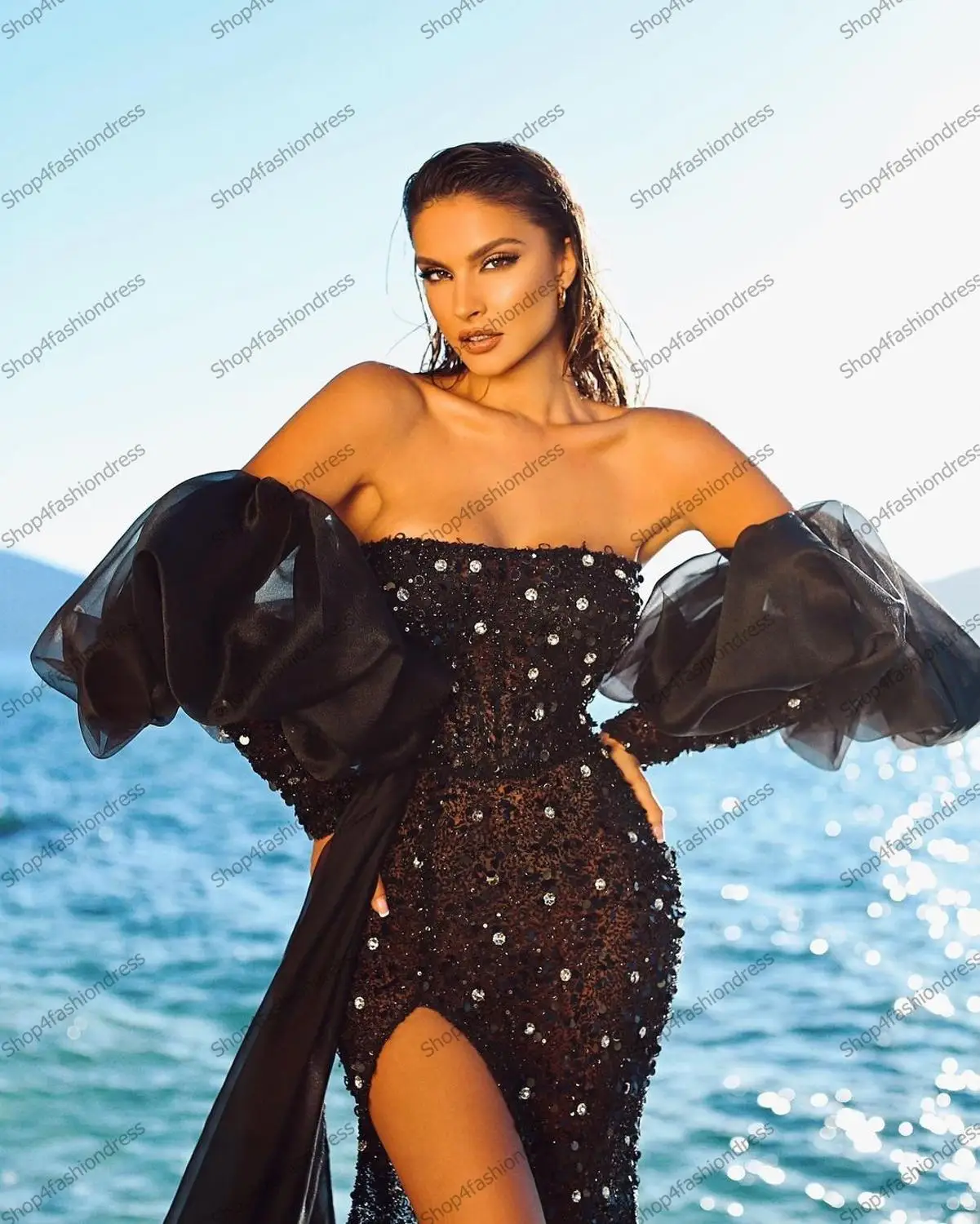 Vestido de baile sexy preto sem alças com divisão lateral, vestido de baile com mangas compridas, vestidos de festa luxuosos de renda de cristal, vestido de tule e trem