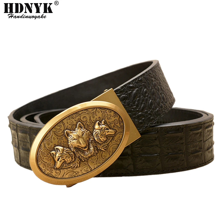 

Hot Wolf Designer Belts Men High Quality Automatic Belt Men Leather Crocodile pattern Girdle Waist Strap With Wolf Heah Buckle