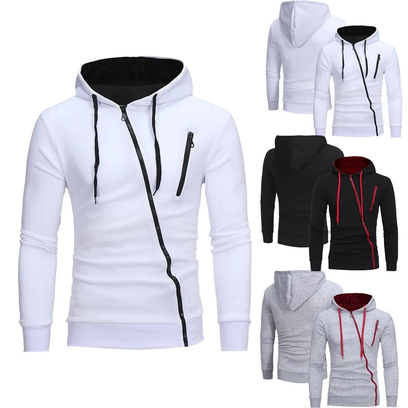 

High quality men's personalized hooded sports pullover jacket, zipper jacket, casual and fashionable diagonal zipper sweatshirt