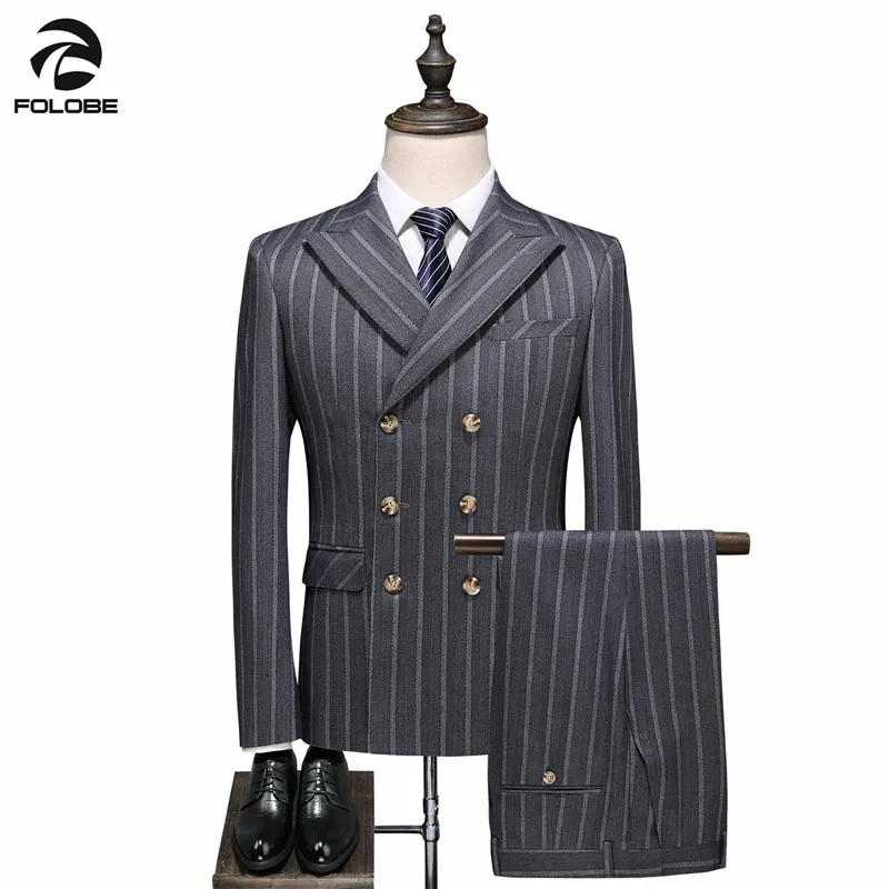 FOLOBE 2022 New High Quality Men Suit Double Breasted Gentleman Striped Formal Party Gray Elegant Three Piece Classic Men's Suit