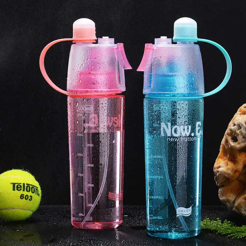 Promotion BPA Free 600ml PC Mist Spray Water Bottle Summer Ice Cold Bottle Sports Outdoor Drinking Kettle