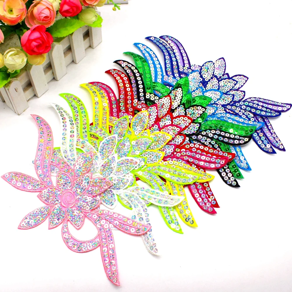 Sequined Flower Appliques Laser Sequins Embroidery Trims Iron On Patches 24*11CM