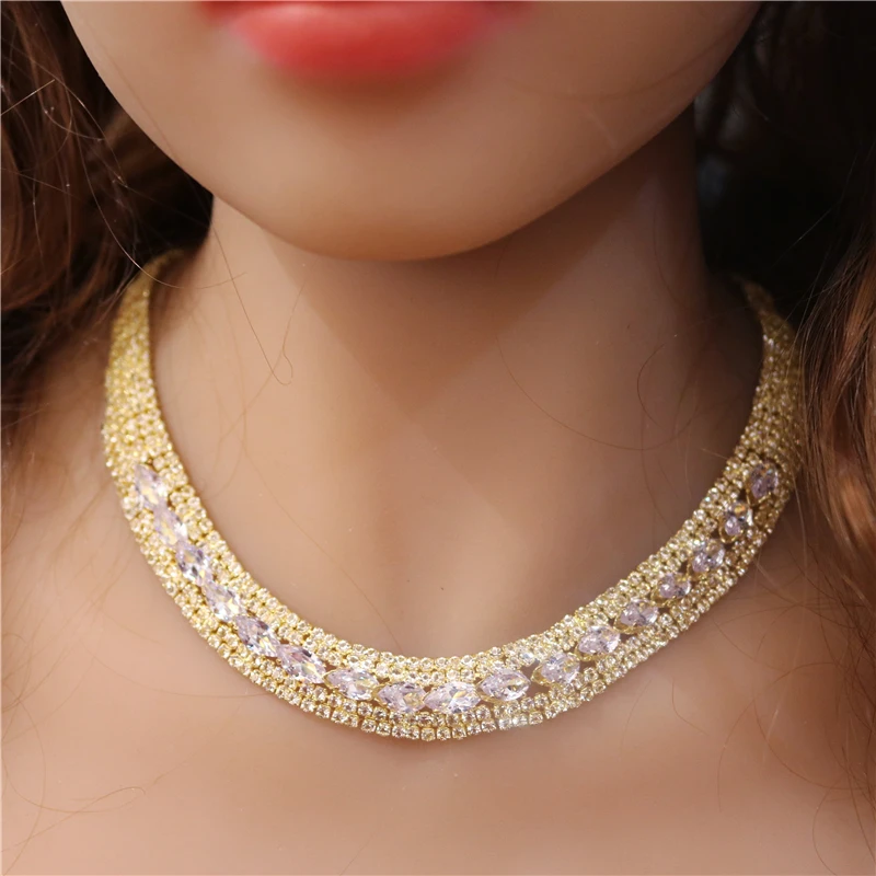 

New Fashion Shining Zircon Crystal Jewelry Set Wholesale And Retail Luxury Bride Romantic Wedding Necklace Earring Set Gift