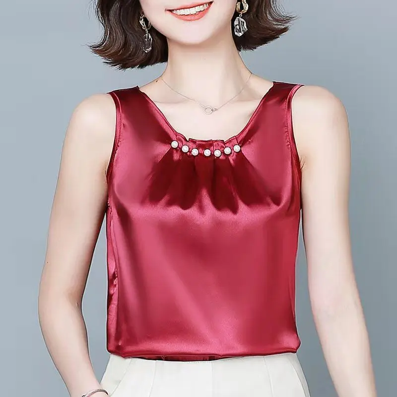 Mulheres de seda topos blusas de cetim para mulheres miçangas blusa de seda topo mulher sem mangas camisas topos mulher sexy camisas de cetim