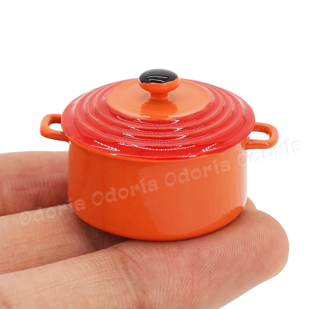 Odoria 1:12 Miniature Soup Tureen Orange Metal Soup Pot Kitchen Utensil Kitchenware Cookware Set Doll House Accessories Decor