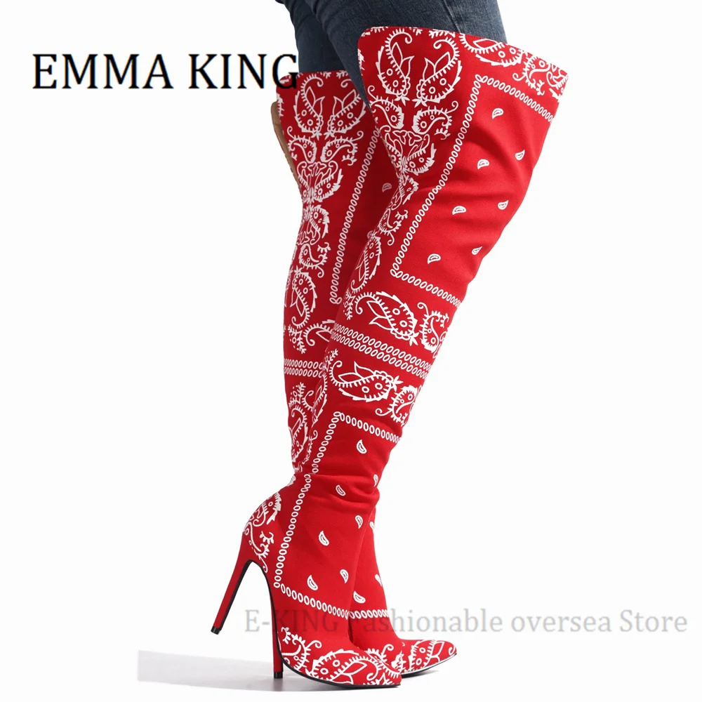 Bandana Prints Women Thigh High Boots Bad Girl Heels Over The Knee Boots Pointy Toe Silk Stiletto Botas Altas Mujer Size 35-44