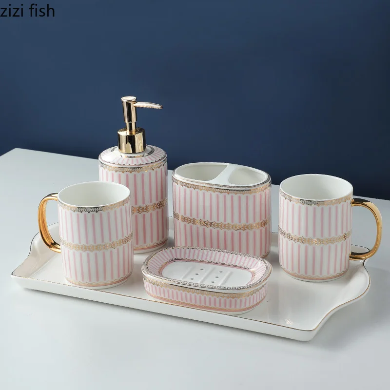 Ceramics Blue Pink Vertical Stripes Wash Five-piece Set Bathroom Product Mouthwash Cup Soap Dish Lotion Bottle Toothbrush Holder