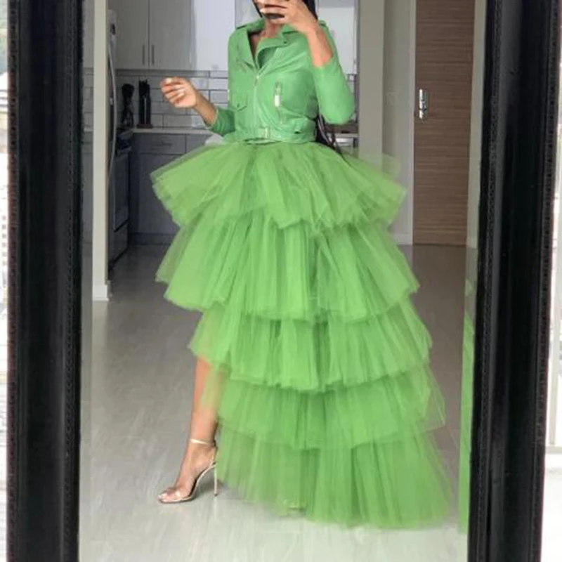 

2020 Pretty Green High Low Tulle Skirts Elegant Puffy Tulle Ruffle Elastic Waist Maxi Skirt Chic Tiered Tulle Women Long Skirt