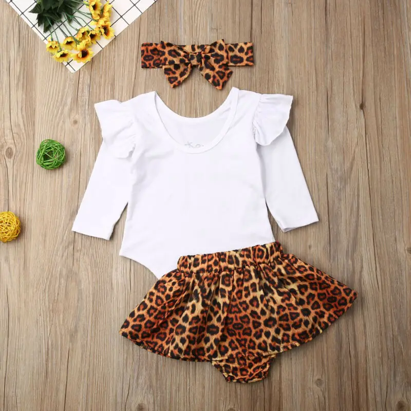 Pudcoco US Stock 0-24M 3PCS Newborn Baby Girl Autumn Clothes Set Ruffle Romper Top Patchwork Leopard Skirts Fall Outfits image 5