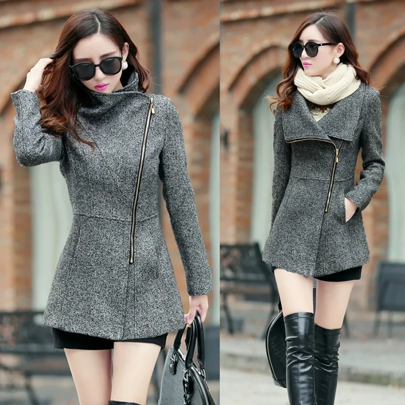 Imagem -02 - Nova Marca Outono Inverno Zíper Cabolsas de lã para Mulheres Cabolsas Feminino Turn Down Collar Overcoat Outwear Xl1809