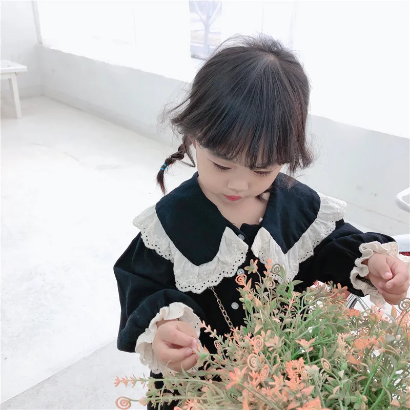 Spring Fall cute baby girls lace turn-down collar princess dresses pure cotton soft casual dress for kids Student clothing