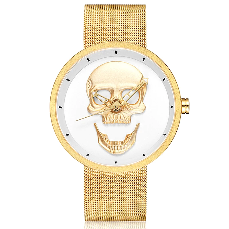 Reloj con cabeza de calavera tallada para hombre y mujer, de acero inoxidable, Unisex, negro, dorado, Steampunk, escultura, México