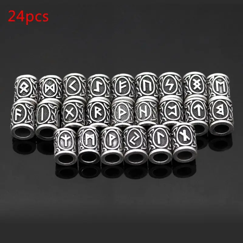 24Pcs Vintage Silver West Coast Paracord Norse Viking Rune Metal Beads DIY Antique Bracelet Hair Beards Jewelry Making