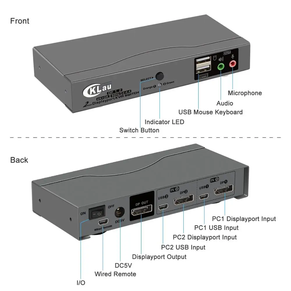 Comutador kvm com 2 portas, resolução de áudio e microfone até 4k x 2k @ 60hz 4:4:4