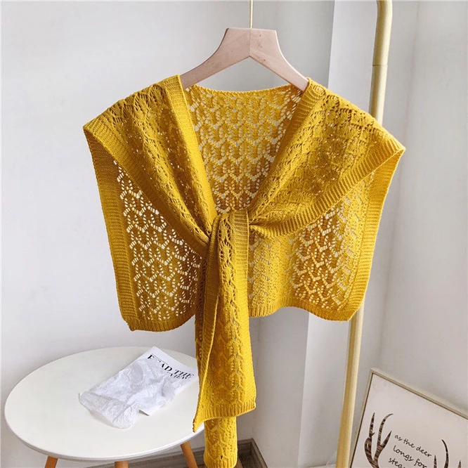 

Fashion Korean Knot Knitted Shawl Female Hollow Out Skirt Shirt Shawl Spring Autumn Shoulder Net Red Scarf Shawl Yellow