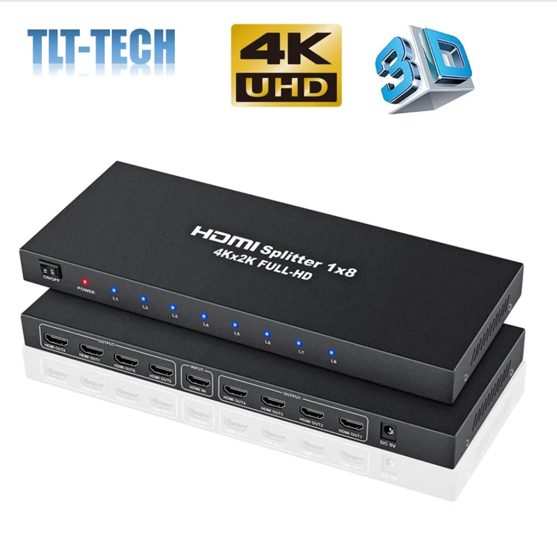 4K 1X8 Hdmi Splitter Een In Acht Aangedreven 8way Hdmi Splitter Audio Video Distributeur Versterker Met lader Full Hd 3D & 4K