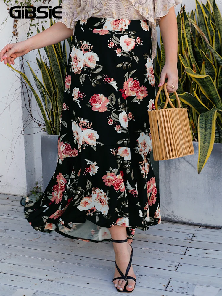 GIBSIE Plus Size Boho Floral Print Ruffle Hem Skirts Women Spring Summer Beach Style Holiday Casual Female High Waist Long Skirt