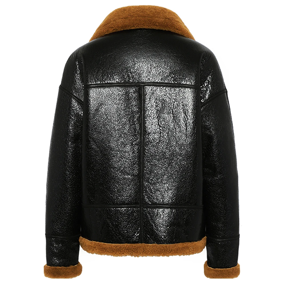 Shearling Jacket Mens B3 Bomber Jacket Short Leather Jacket Bright Black Color