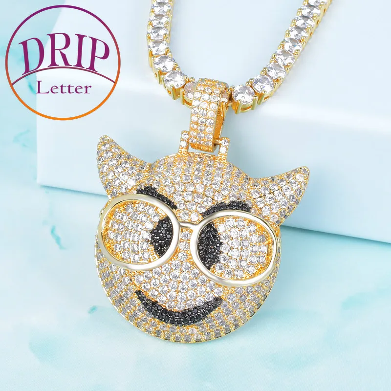 Black Eye Glasses Demon Face Pendant Gold Color Bling Bling Cubic Zircon Necklace Chain Charm Men's Hip Hop Rock Street Jewelry