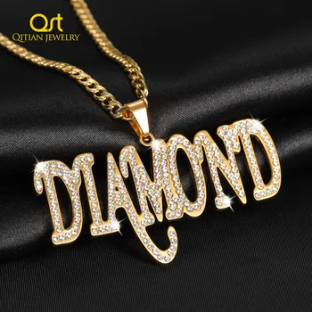 Personalized custom name Iced Out necklace letters zirconia pendant hip hop cuban chain stainless steel jewelry for men women