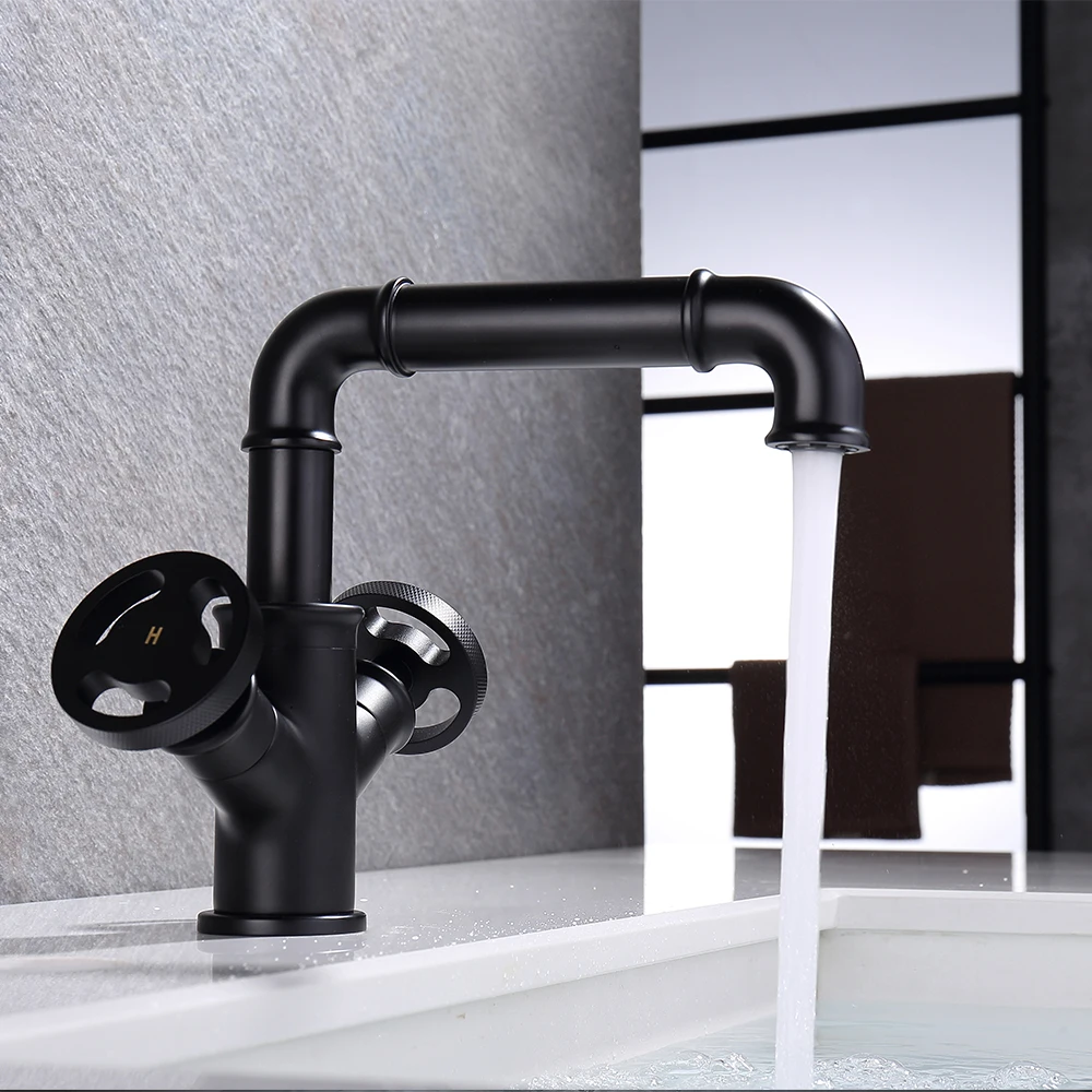 

Bathroom Faucet for Sink Matte Black Industrial Retro Style Crane Tap Modern Hot Cold Water Basin Mixer Wash-Basin Deck Mounted