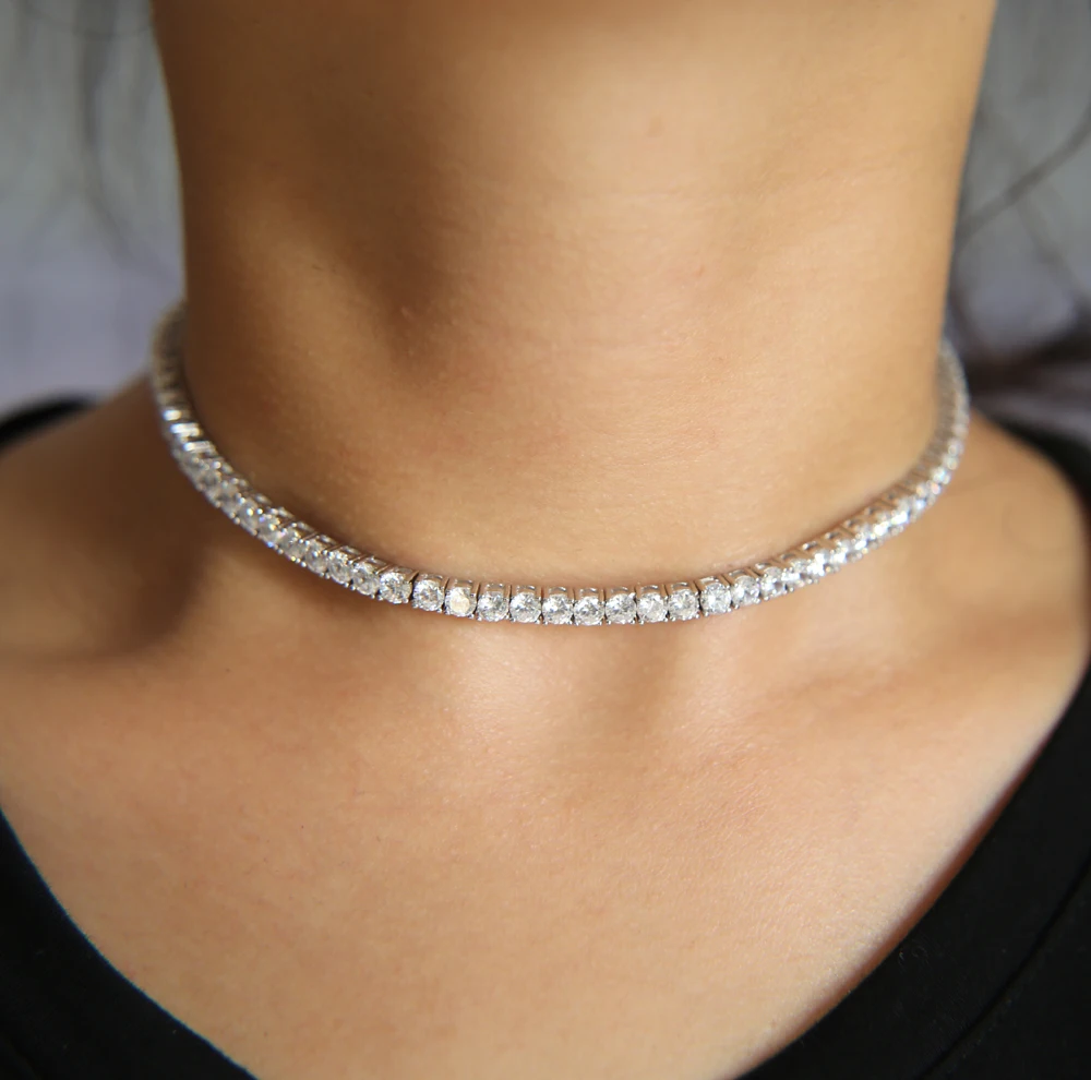 4MM CZ Tennis Chain Necklace For Lady Luxury Bling Cubic Zirconia Full Paved 1 Row Wedding Sexy Chokers Iced Out Women Jewelry