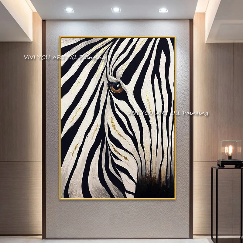 Imagem -02 - Abstrato Moderno Decoração da Casa Parede Arte Imagem 100 Artesanal Animal Pintura a Óleo da Lona Preto Branco Zebra Pinturas