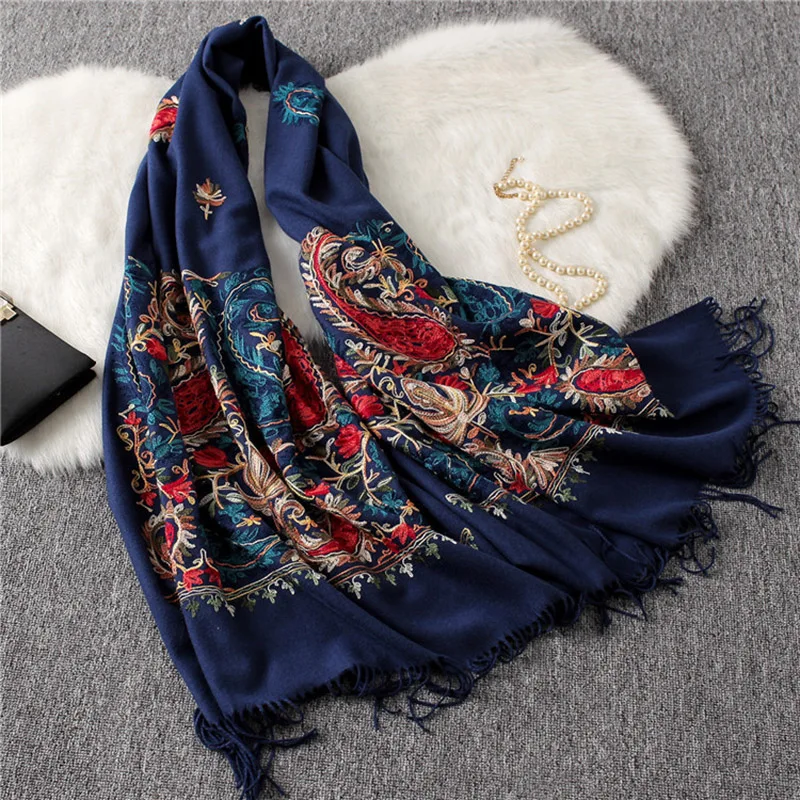 Women Foulard Elegant Embroidered Cashew Imitation Cashmere Winter Scarf Muslim Hijab Bandana Long Shawl Beautiful