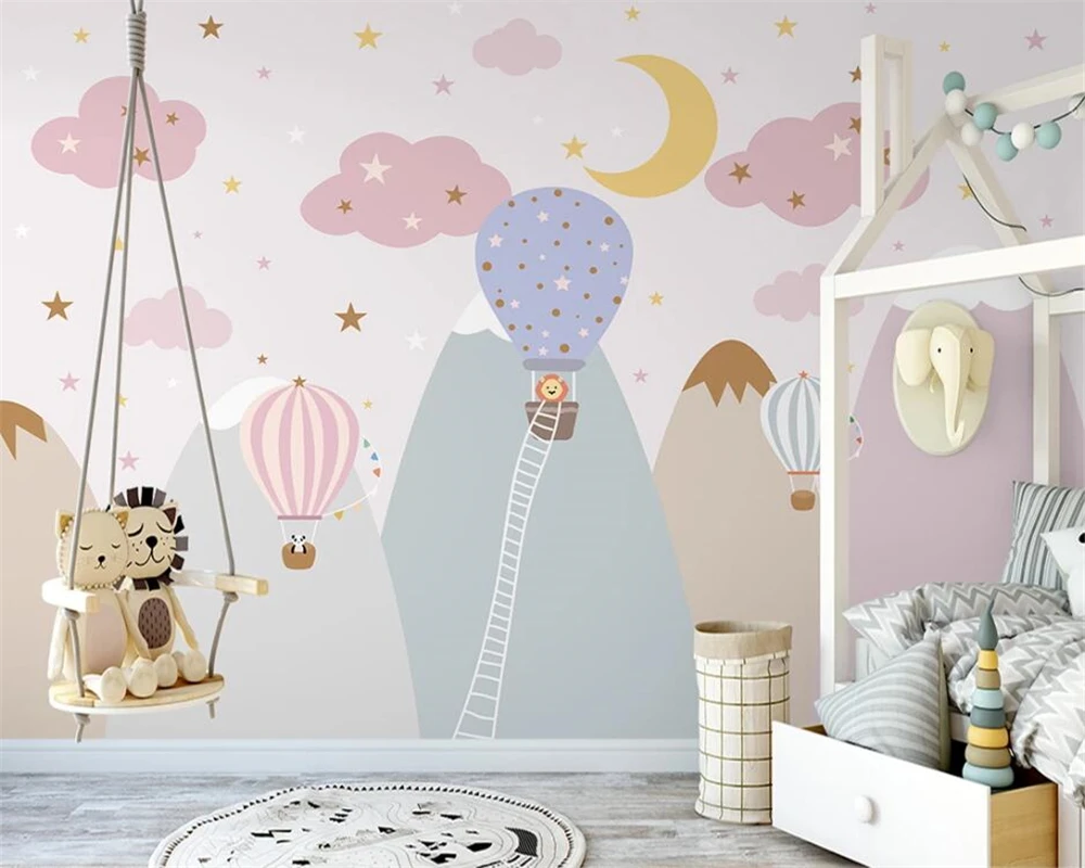 beibehang Custom wall paper pink starry red panda children's room background decorative painting Nordic hand-painted wallpaper