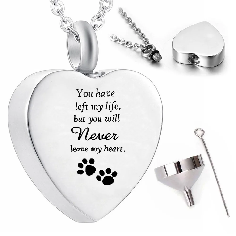 Silver heart cremation jewelry pendant necklace pet dog ashes urn pendant keepsake memorial- funnel filling tool