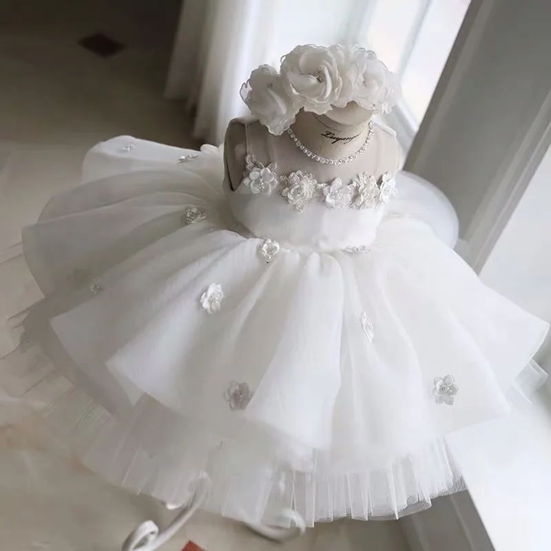 Newborn Baptism Dress For Baby Girl White First Birthday Party Wear 3D Appliques Toddler Girl Christening Gown Wedding Vestidos