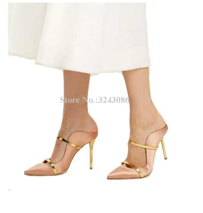 Lady New Gold Strap Stiletto Heel Sandals Fashion Pointed Toe Mixed Color Luxury Design High Heels Dress Sandals Shoes Women