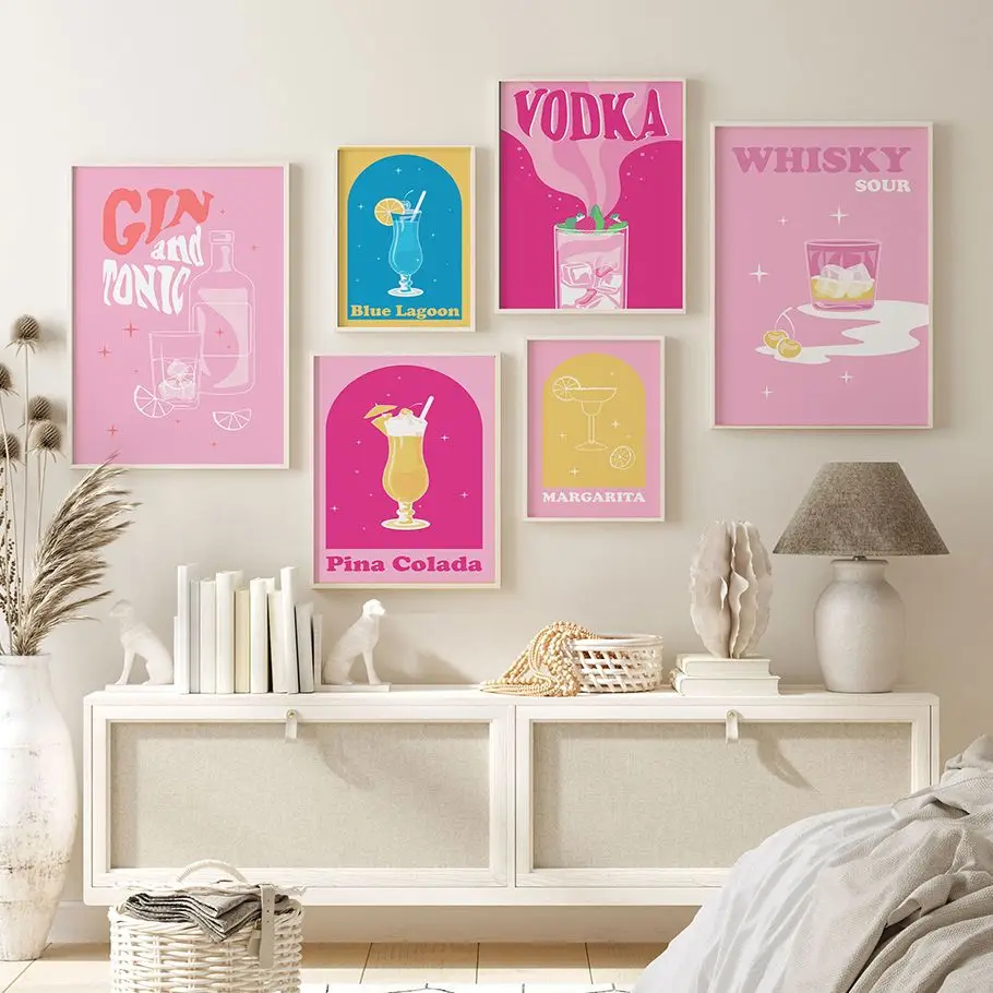 Whisky Gin Poster Nordic Cartoon Pink Cocktail Canvas Painting Juice Art Print Wine Wall Picture For Living Room Home Decor