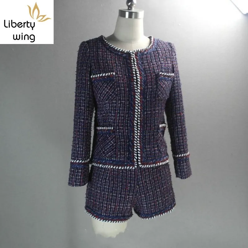 Purple Women Two Piece Outfits Brand Womens Tweed Jacket Shorts Set Female O-Neck Coat Small Fragrance Jackets Woven Lady Suit