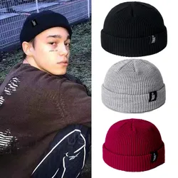 Unisex com nervuras melão malha chapéu do Beanie, monocromático, carta verdadeira, marinheiro, pescadores, baggy, retro, chapéu do esqui, inverno, 10 cores