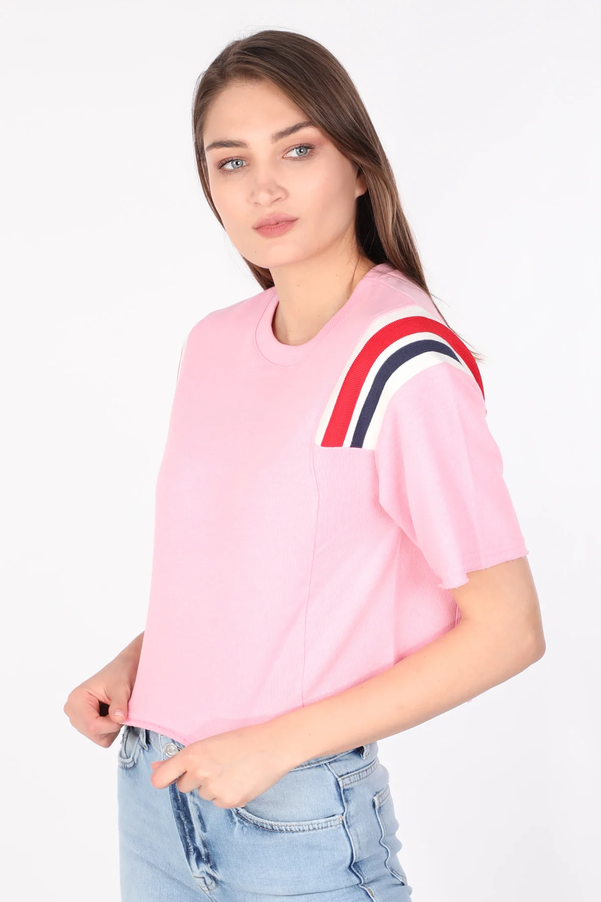 Women Ribanalı Crop T-shirt Pink