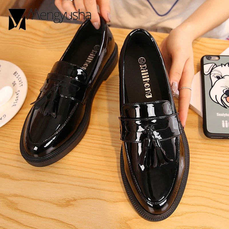 Korean Designer Fringe Mocassin Shoes Woman Oxford Slip On Flats Ladies Espadrilles Loafers Patent Leather College Girl Creepers