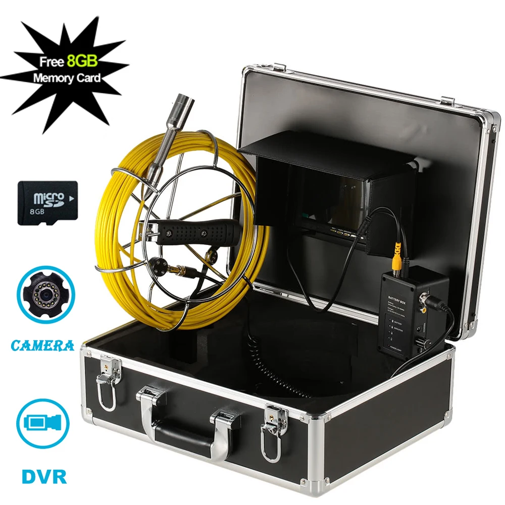 7inch 23mm 1000TVL Pipe Industrial Video Camera 20m Cable Drain Endoscope Pipeline Sewer Inspection System DVR With 8GB Card