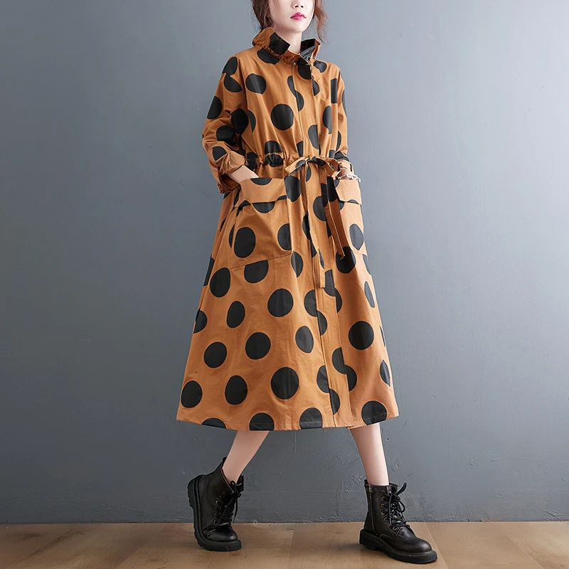 2026 Autumn Winter Oversized Polka Dot Long Trench Coat For Women Clothes Stand Collar Drawstring Fashion Casual Loose Outerwear