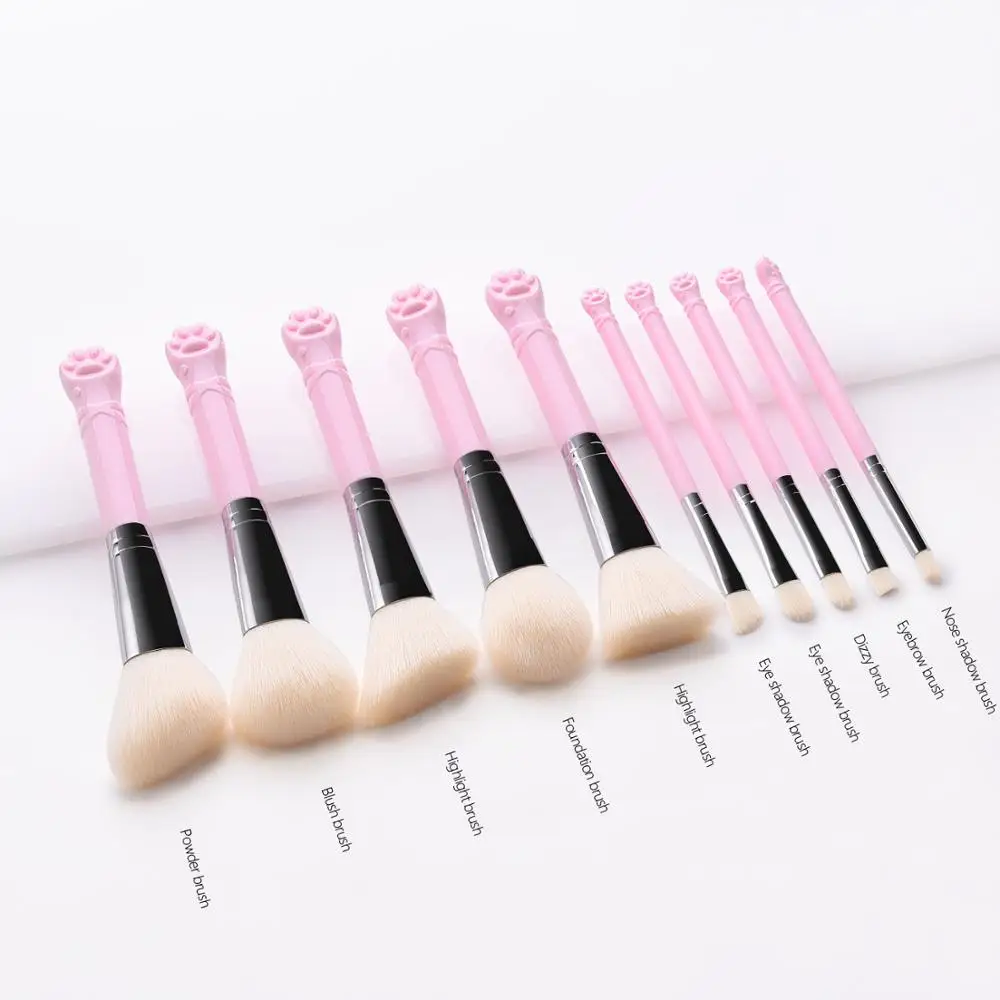 10 Pcs Cute Cat Claw Shape Makeup Brushes Set Foundation Kabuki Powder Contour Eyeshadow Blush Make Up Brushes Cosmetic Tool Kit