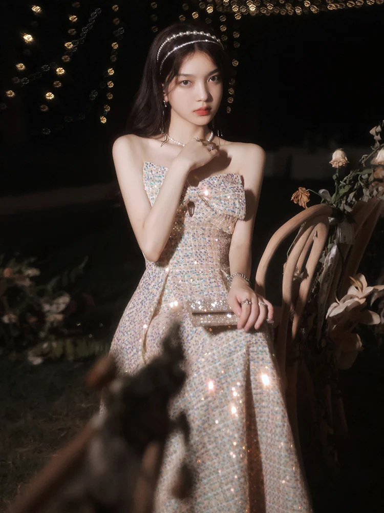 Pretty Bow-knot Strapless Prom Party Gown Light Luxury Sequined Long Princess Banquet Dress Women A-Line Slim Evening Dress