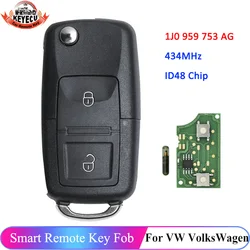 KEYECU 2 Buttons 1J0 959 753 AG 434MHz ID48 Chip For VolksWagen VW Golf 4 5 Passat B5 B6 Polo Touran Flip Remote Car Key Fob