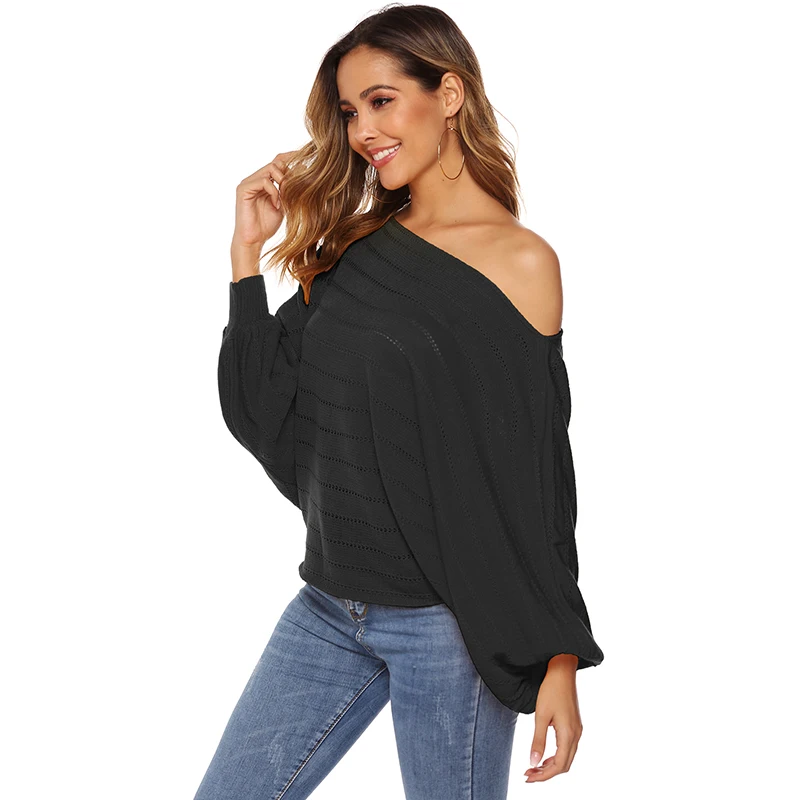 Women Autumn Oversized Sexy Slash Neck Puff Sleeve Loose Pullver Solid Sweater Clothes Female Charming Off Shoulder Sexy Tops