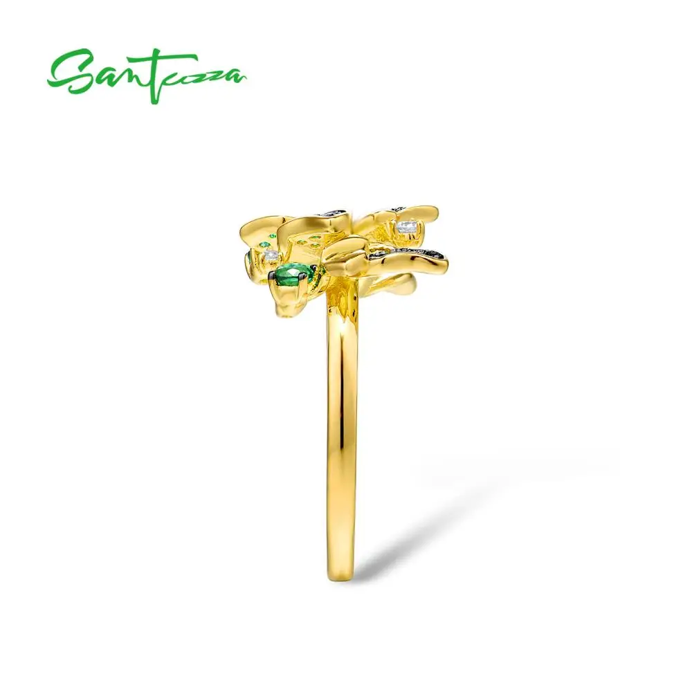 SANTUZZA Silver Ring For Women 925 Sterling Silver Butterfly Gold Color Shiny Green Spinel Elegant Trendy Party Fine Jewelry 3