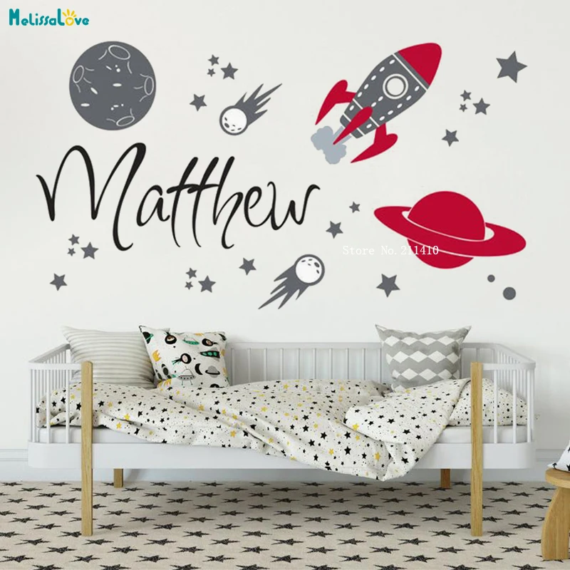 Custom Name Outer Space Wall Decals Stars Planets Kids Boys Room Stickers Personalized Rocket Galaxy Décor YT5311